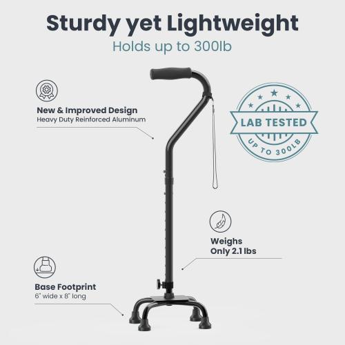 PELEGON Quad Cane (300 lb) - Adjustable Walking Cane with A Large 4 Pronged Base for Extra Balance & Stability, Walking Canes for Seniors, Walking Cane for Men & Women, Walking Sticks