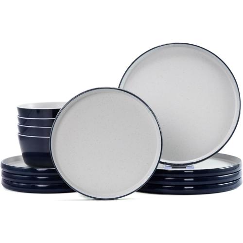Melamine Dinnerware Sets,Plate and Bowl Set for 4,12 Pcs Dish Set with Lipped Edges,Lightweight and Reusable Dishware Sets for Camping,Dishwasher Safe,Good for Housewarming(Navy Blue,Gray)
