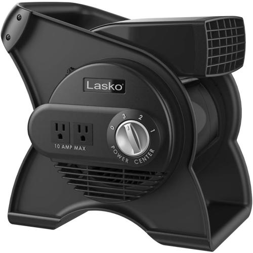 Lasko Portable Utility Fan, 12” 289 CFM Pivoting High Velocity Air Mover Blower Fan, 3 Speeds, 2 Accessory Outlets 120V, Black, U12104 NEEDS CLEANING