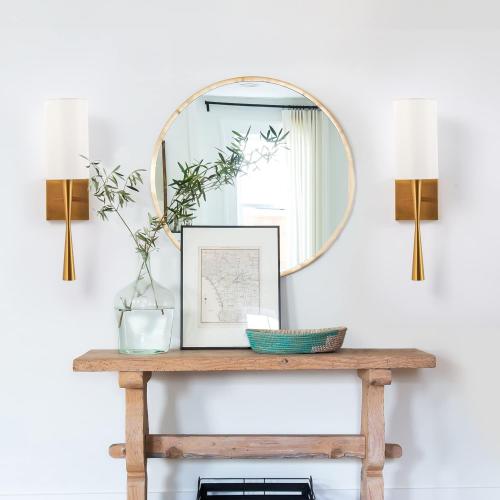 Modern Antique Brass Brush Paint Finish Wall Sconce Set of 2, with Creamy-White Fabric Straight Shade for Vanity Stairway Fireplace Kitchen Living Room Bedside