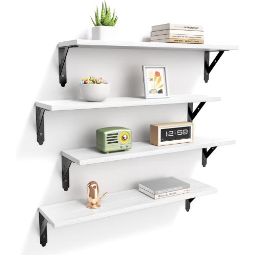 ROMGUAR CRAFT Wood Floating Shelves Set of 4, Rustic Storage Decor Wall Shelves, Wall Mounted Shelf for Living Room, Bedroom 23.6 x 6, White