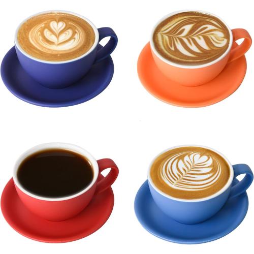 Yundu Ceramics Latte Cup and Saucer - 10 oz for Cappuccino,Tea,Cafe Mocha, Set of 4,Matte Mixed Color
