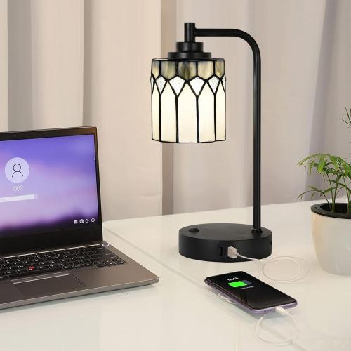 TL0019 Tiffany Table Lamp with 2 USB Charging Ports, Desk Lamp with Geometric Stained Glass Lamp Shade, Retro Nightstand H 14.5 for Bedrooms Office Study, LED Bulbs Included (Grey)