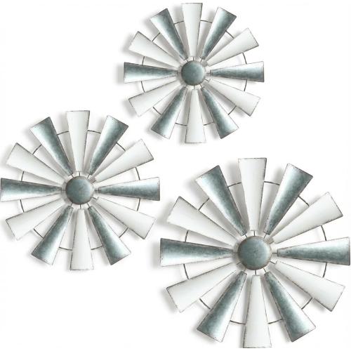 COLLECTIVE HOME - 3 Pcs Metal Windmill, White and Galvanized Hanging Wall Decor, Farmhouse Wall Sculpture, 3D 13/11/9.5 Inch Wall Art for Office Living Room Bedroom (Windmill, 2)