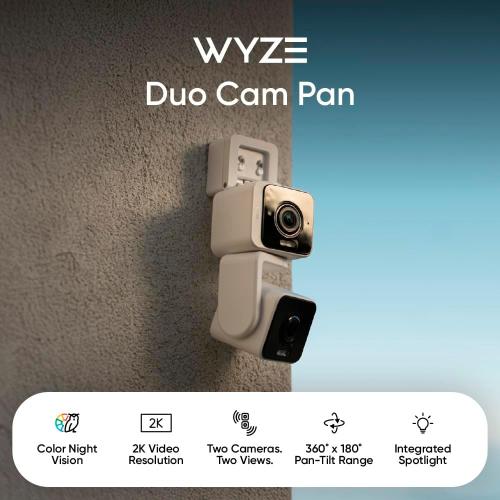 WYZE Duo Cam Pan Indoor/Outdoor IP65 2K 360° Pan/Tilt Smart Home Security Camera with Color Night Vision, Compatible with Alexa & Google Assistant, White