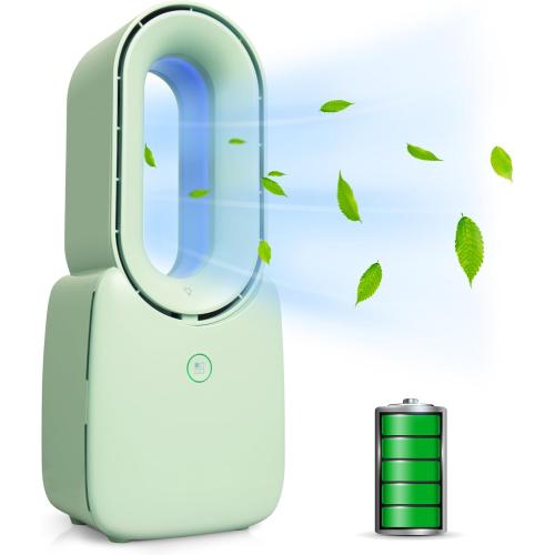 CONBOLA Desk Fan, 11.8 Inch Bladeless Fan Small Table Fan Air Cooler, Portable Rechargeable Breeze Quiet Fan with Touch Control 5-Colors Decorative LED Light for Office Bedroom（Green）
