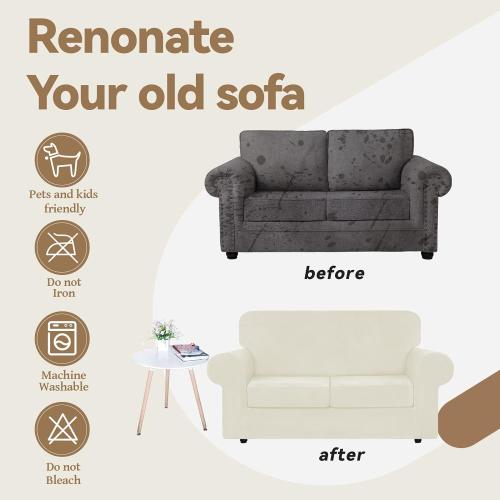 WEERRW Velvet Couch Covers for 2 Cushion Couch Sofa - High Stretch Luxury Velvet Plush 3 Pieces Sofa Slipcovers with Elastic Bottom, Furniture Protector for Pets, Machine Washable, Ivory, Medium