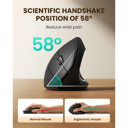 POJTK Ergonomic Wireless Rechargeable Mouse, Bluetooth USB A Type C(3 in 1) Connection, 5 Levels Up to 4800 DPI, 6 Silent Buttons, 2.4GHz Carpal Tunnel Vertical Mice, for Laptop, Desktop,MacBook-black