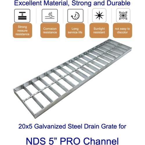 SILVER Galvanized Steel Drain Grate 20x5 for NDS 5” PRO Channel, 2 PC Outdoor Drain Cover, B Class Replacement Sewer Grate Durable Heavy Duty, Sliver Rectangle Drainage Grate for Driveway, Concrete
