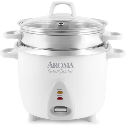 Aroma Housewares 14-Cup (Cooked) / 3Qt. Select Stainless Pot-Style Rice Cooker, & Food Steamer, One-Touch Operation, Automatic Keep Warm Mode, White (ARC-757-1SG)
