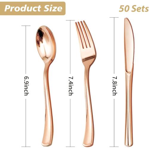 Goodluck 150PCS Rose Gold Plastic Silverware, Rose Gold Utensil Disposable, Plastic Cutlery Set of 50 Forks, 50 Spoons, 50 Knives for Wedding, Party, Valentines