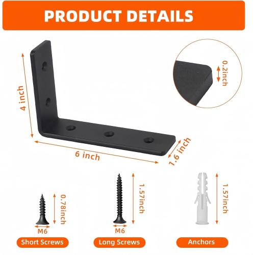 4 Pack Heavy Duty Floating Shelf Brackets, Black Metal L Wall Brackets, DIY Industrial Shelf Brackets - L 6 x H 4 x W 1.6 ( 1/5 Inch Thicked )