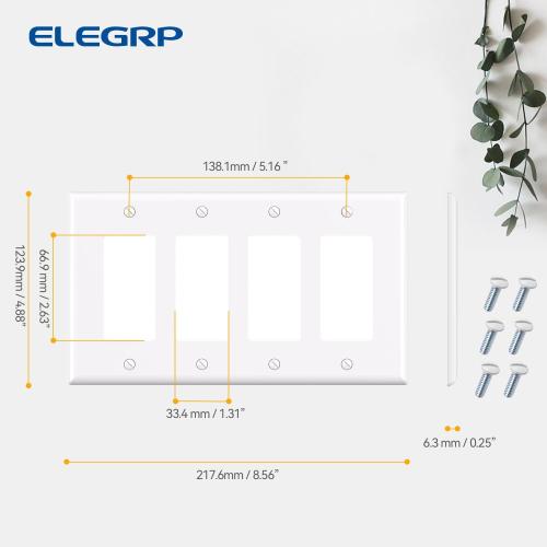 ELEGRP 4-Gang Decorative Wall Plates, Mid-Size 4.88 H x 8.57 L Unbreakable Thermoplastic Faceplate Cover for Decorator Receptacle Outlet Switch, UL Listed (1 Pack, Glossy White)
