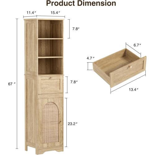 Size 67 H Color  Natural Bathroom Storage Cabinet with Rattan Doors and Slide Storage, Tall Narrow Freestanding Tower Cabinets with Adjustable Shelves for Kitchen, Living Room, Dining Room