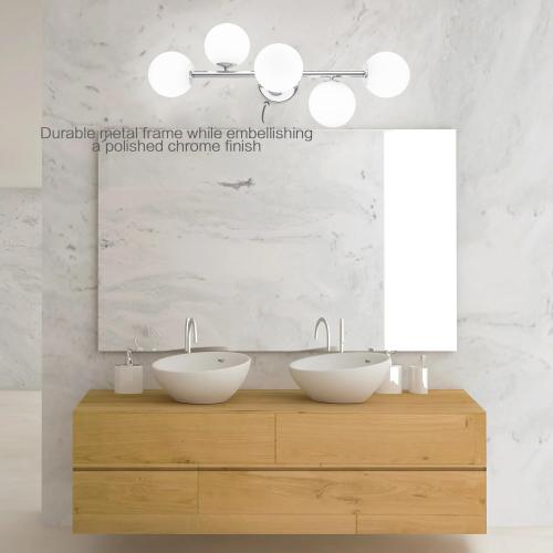 Bathroom Vanity Lights, Mid Century Modern 5-Light Bathroom Light Fixtures, Chrome Bathroom Lights Ceiling Light, Wall Sconces Wall Mount Light Fixtures with Milk Globe Glass, Chrome Finish, G9 Base