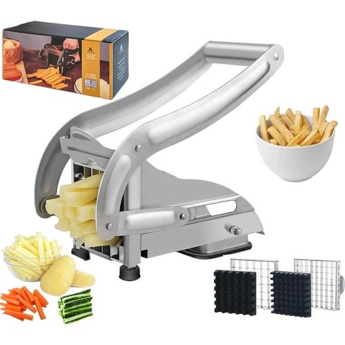 French Fry Cutter, Stainless Steel Potato Cutter, Potato Slicer, Includes 2 Blade Size Cutter Options and No-Slip Suction Base, Perfect for use with Air Fryer