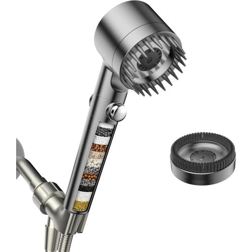 Filtered Shower Head with Handheld, High Pressure Water Flow and Multiple Spray Modes Shower Head with Filter, Power Wash for Hard Water, Showerhead with ON/OFF Switch for Pets Bath (Light Gray)