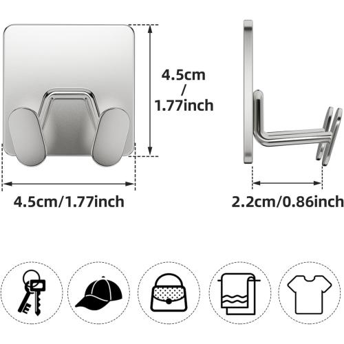 Adhesive Shower Hooks for Inside - Extra Sticky Stainless, Razor Holder Shower Accessories, Wall Mounted Self-Adhesive Double Hooks for Razor, Loofah, Towel, Shaver, Coat, Key, Silver, 4-Pack