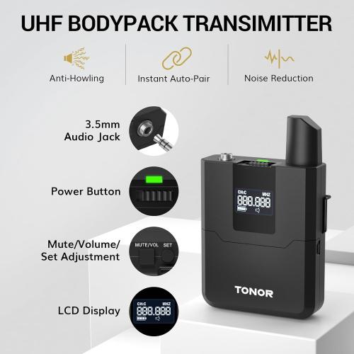 TONOR Wireless Microphones System with 8x12 Channels Headset/Lavalier Lapel Mics, Bodypack Transmitter, Receiver, 90 m/295ft UHF Range for Church Conference Performance Singing Karaoke PA Speaker