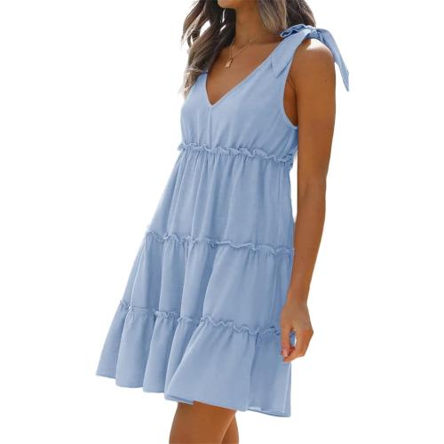 Medium Summer Dress for Women Tie Shoulder V Neck Sleeveless Tiered Ruffle Swing A Line Short Sundresses Badydoll Mini Dress