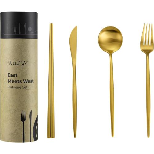 Matte Gold Utensils Set - 16-piece KiiZYs Cutlery Stainless Steel Silverware - Flatware Set Korean Chopsticks Fork Spoon Knife - Cubiertos Dorados Dishwasher Safe Gift Box (Gold, Service for 4)