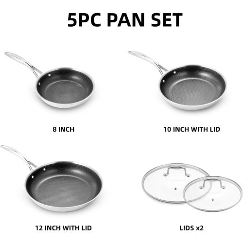 DELUXE Hybrid Ceramic Nonstick 5-Piece Fry Pan Set,8,10,12 Inch Frying Pans with Tempered Glass Lids,Stay-Cool Handles, Dishwasher Safe, Works on All Stovetops (Induction, Gas, Electric)