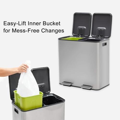 DUMOS 2 x 10.5 Gallon Kitchen Trash Can with Lid, Stainless Steel Garbage Can with Soft-Close Lid & Removable Inner Buckets, Dual Compartment Step-on Waste Bins for Kitchen, Home Office