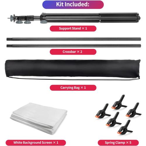 White Backdrop with Stand, 6x9 ft White Photo Backdrop Curtain with 6.3x6.5 ft Background Stand, Portable Back Drop Support Kit with Carrying Bag, 5 Strong Spring Clamps