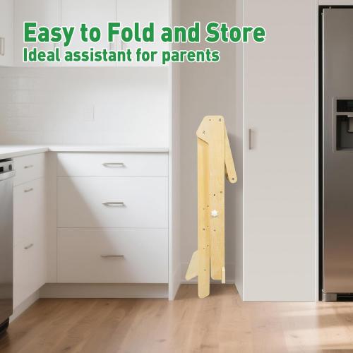 Foldable Toddler Learning Standing Tower, WOOD CITY Montessori Kitchen Step Stool Helper with 3 Adjustable Heights Learning Kitchen Tower for Counter and Bathroom Sink (Natural)