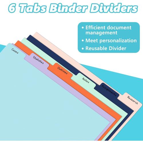 6 Sheets Platsic Legal Size 3 Ring Binder Dividers 9x14 Inch Legal Size Binder Divider Plastic Legal Tabbed Dividers Legal Index Dividers with 2 Cards Colorful File Separators for Office
