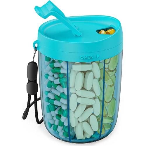 PULIV Large Pill Bottle Organizer, Supplement Organizer for Holding 6 Various Vitamins, Pill Box Case with Anti-Mixing & Wide Opening Design, Easy to Retrieve Meds and 20 Pcs Stick-on Labels, Blue