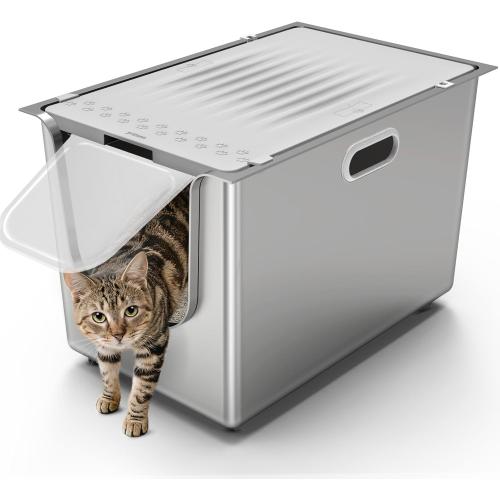 Stainless Steel Litter Box with Lid, Cat Litter Box with Door 14.5'' High Sides, XL Metal Kitty Litter Pan, Pet Toilet with Wheels for Easy Mobility, Anti-Leakage, Non-Sticky, Easy Clean