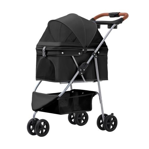 Pet Stroller for Small/Medium Dogs and Cats, Foldable 3 Wheel Jogger,One-Click Fold,Breathable Mesh, Storage Basket,Cup Holder,Weather Cover,(Black)