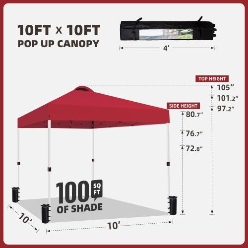 10x10 Pop Up Canopy Tent Party Tent Commercial Instant Canopies Shelter with Heavy Duty Roller Bag, Bonus 4 Sand Bags (Red)