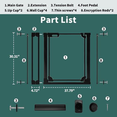 Clear Baby Gate 29.13-37.79 Wide Acrylic Safety Proof Dog Puppy Pet Barrier for Stairs, Transparent Adjustable Pressure Mounted No Drill Auto Close Indoor, Doorways, Hallway,Black