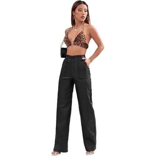 Size S Viligo Faux Leather Pants High Waist Coated PU Button Straight Leather Black Leggings Wide Leg Pants with Pockets