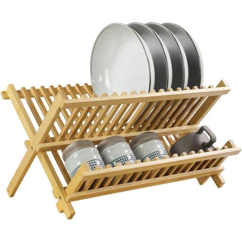 KKTONER Bamboo Dish Drying Rack 2 Tier Foldable Plate Organizer Collapsible Plate Organizer Holder for Kitchen Countertop (Natural)