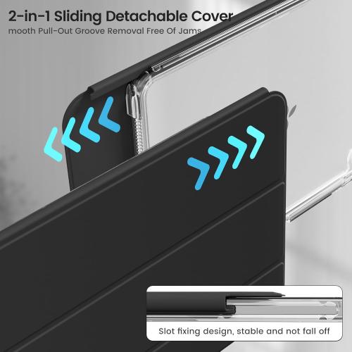 Detachable Case for iPad (A16) 11th/10th Generation 11 Inch/10.9 Inch (2025/2022) with Pencil Holder - 2-in-1 Removable Sliding Cover with Full Clear Back, Lanscape & Portrait Angle, Black