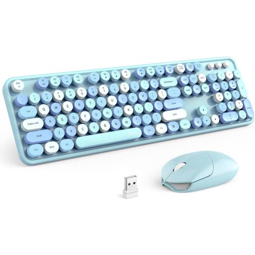 MOFII Wireless Keyboard and Mouse Set, Retro Full Size Typewriter Keyboard with Number Pad and Sport Car Mouse for PC Computer Desktop Laptop Windows (Blue Colorful)