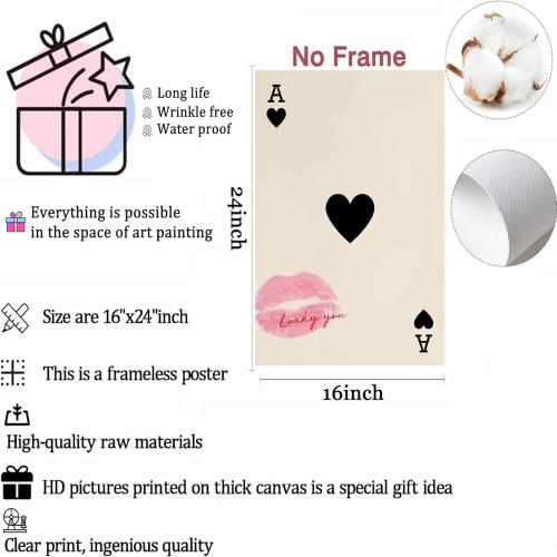 LYPHNX Trendy Ace of Spades Poster Wall Art Vintage Poker Queen Luck You Prints Black 8 Ball Cherry Set of 3 Wall Decor Kiss Lips Preppy Coquette Painting Picture for Bedroom Dorm 16x24 Unframed