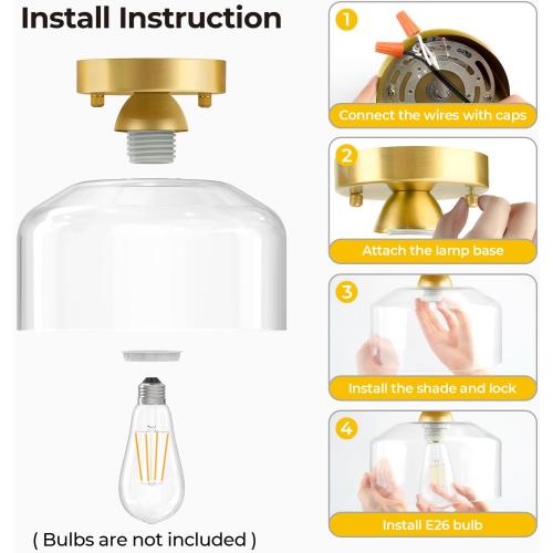 Semi Flush Mount Ceiling Light Brushed Gold - Clear Glass Pendant Lamp Shade, Modern Farmhouse Light Fixture for Hallway Corridor Kitchen Entryway Bedroom, Bulb Not Included