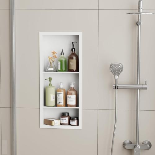 White 3-Tier Stainless Steel Shower Niche Insert, 29'' * 12'' No Tile Needed Bathroom Niche for Shower Wall, Recessed Wall Cabinet Shelves for Drywall, Living Room, in Wall Shower Shelves, White