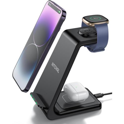 Intoval Wireless Charger for Fitbit Sense 2/Sense/Versa 4/Versa 3, 3 in 1 Wireless Charging Station for iPhones, Androids, Airpods (V3F, Black)