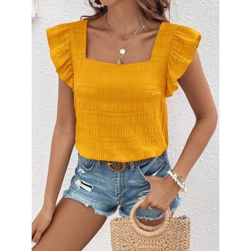 MONTEAU LOS ANGELES Women's Textured Dressy Tops Square Neck Ruffle Cap Sleeve Solid Casual Summer Blouses Shirts. SIZE MEDIUM