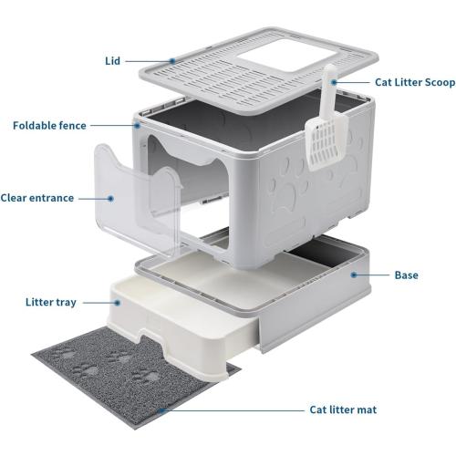 Medario Cat Litter Box with Litter Mat and Scoop, Large Covered Litter Box with Lid, Enclosed Kitty Box, Front Entry Top Exit, Odor Control, Easy to Clean (Grey)