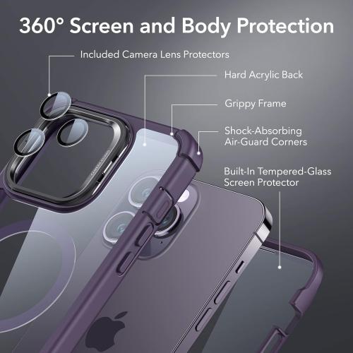 ESR for iPhone 14 Pro Max Case with Stand, Compatible with MagSafe, Full-Body Military-Grade Drop Proof Case with Built-in 9H  Tempered Glass Screen Protector, Armor Series, Clear Purple