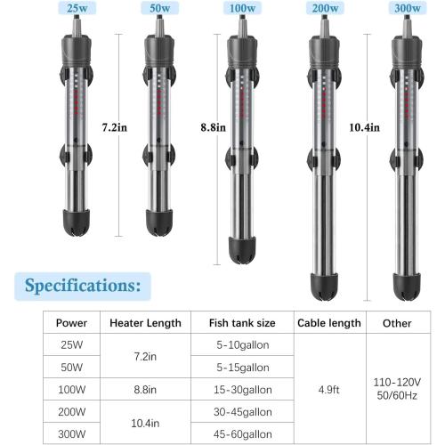 HITOP 25W 50W 100W 200W 300W Adjustable Aquarium Heater, Submersible Fish Tank Heater Thermostat with Suction Cup (50W)