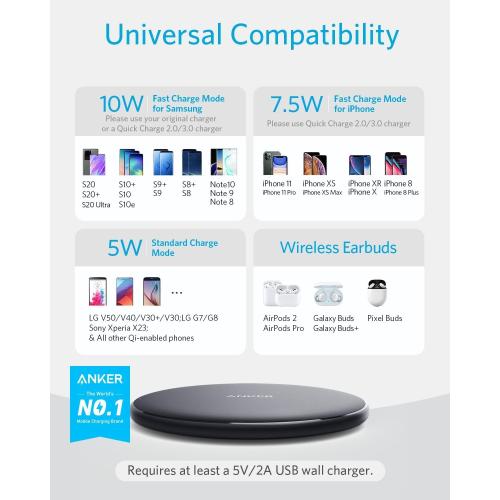 Anker 313 Wireless Charger (Pad), Qi-Certified, 10W Max Fast Charging for Samsung, Compatible with iPhone 16 Plus/15 Plus/14 Plus/12, AirPods (No AC Adapter, Not MagSafe Magnetic Charging Compatible)