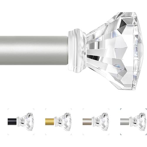 Silver Decorative Crystal Curtain Rods 18 to 45 Inch:Heavy Duty Adjustable Window Curtains Rods for Living Room Bedroom,Nickel Modern Girly Acrylic Drapery Rod with Clear Bling Diamond Finials