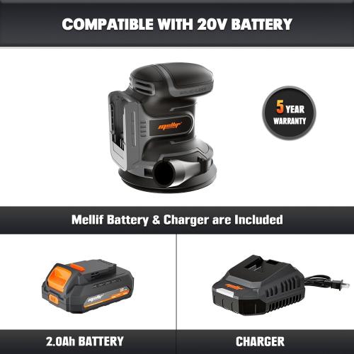 Black and Grey 5 Mellif 5 Inch Random Orbital Sander Compatible with Dewalt 20v Max Battery, Cordless Brushless Palm Orbit Sander, Dust Bag, 6 Speeds, 12000 OPM, 2.0 Battery & Charger Kits, 10PCS Sandpaper Sheets